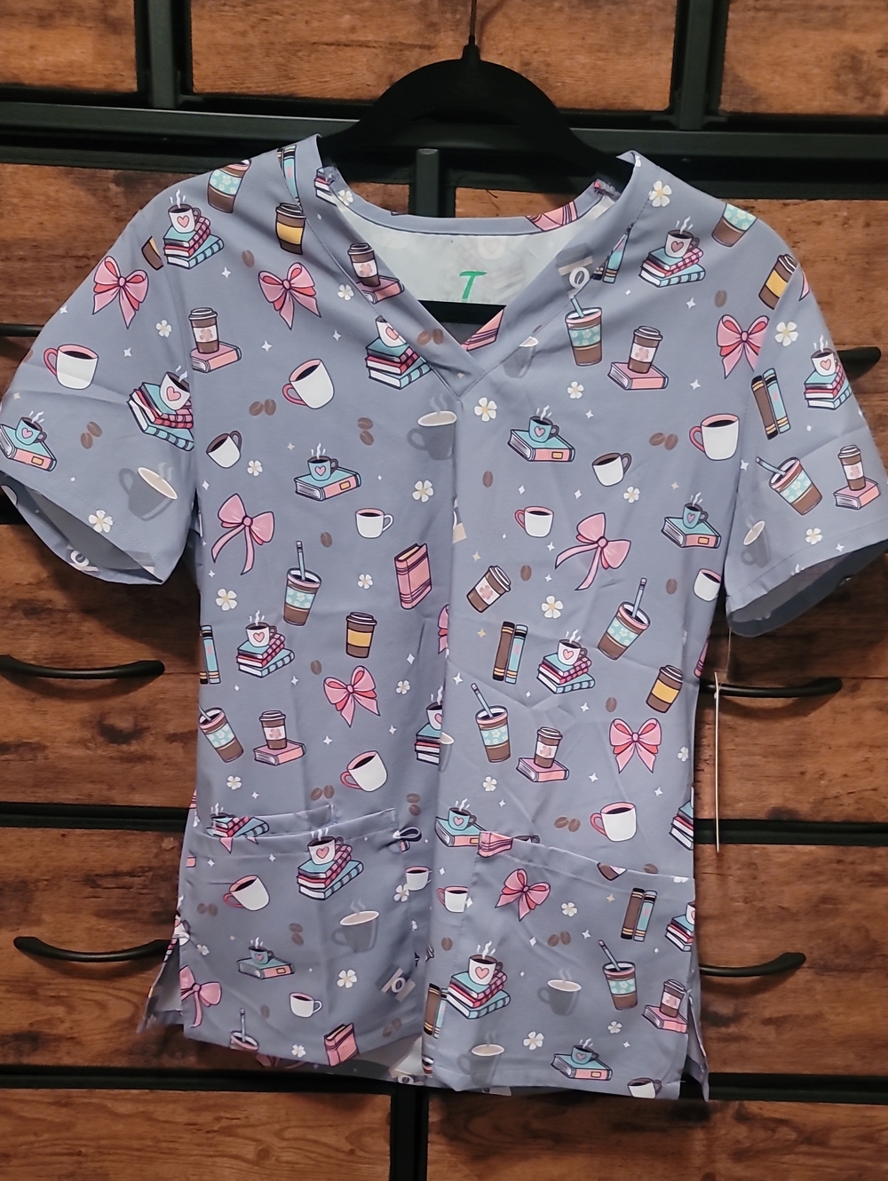 SMALL super cute coffee/book/bow print scrub top NWT